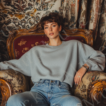 Womens grey sweatshirt mockup – lifestyle, indoor ornate chair (editorial); Gildan 18000 fit
