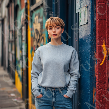 Womens grey sweatshirt mockup – lifestyle outdoor city graffiti wall; Gildan 18000 fit