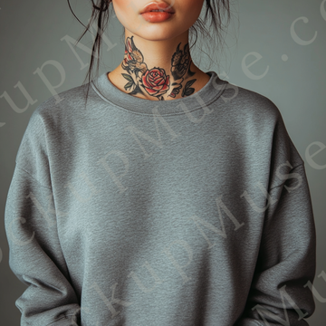 Womens grey sweatshirt mockup – studio close-up, visible neck tattoos; Gildan 18000 fit