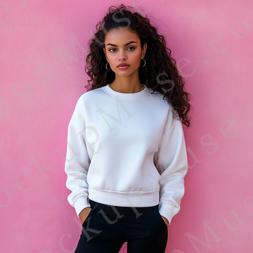 women’s white crewneck sweatshirt mockup, pink wall lifestyle scene, gildan 18000, front view, digital download for Etsy and