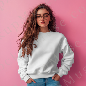 women’s white crewneck sweatshirt mockup, pink wall lifestyle scene, gildan 18000, front view, digital download for Etsy and