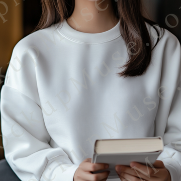 women’s white crewneck sweatshirt mockup, indoor lifestyle scene, book, gildan 18000, front view, digital download for Etsy a