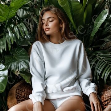 women’s white crewneck sweatshirt mockup, green plants lifestyle scene, gildan 18000, front view, digital download for Etsy a