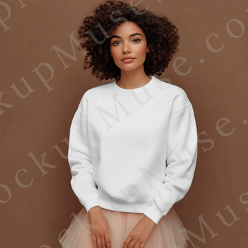 women’s white crewneck sweatshirt mockup, brown studio, gildan 18000, front view, digital download for Etsy and Shopify