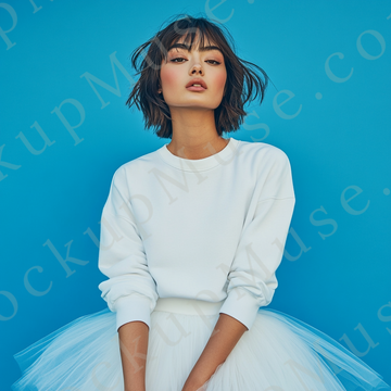 women’s white crewneck sweatshirt mockup, blue wall lifestyle scene, gildan 18000, front view, digital download for Etsy and