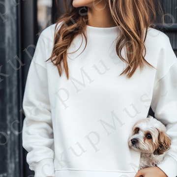 women’s white crewneck sweatshirt mockup, indoor lifestyle scene, dog, gildan 18000, front view, digital download for Etsy an