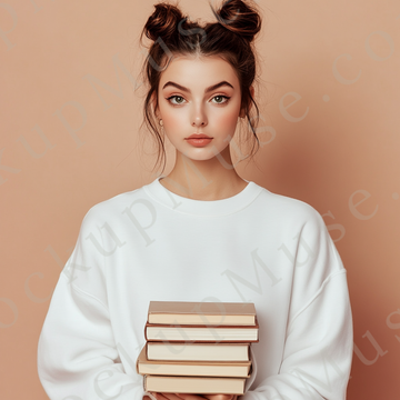 women’s white crewneck sweatshirt mockup, brown studio, book, gildan 18000, front view, digital download for Etsy and Shopify
