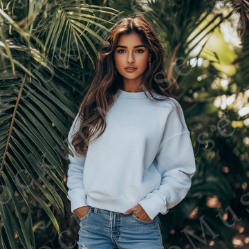 women’s white crewneck sweatshirt mockup, tropical plants lifestyle scene, gildan 18000, front view, digital download for Ets