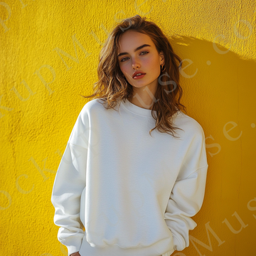 women’s white crewneck sweatshirt mockup, yellow wall lifestyle scene, gildan 18000, front view, digital download for Etsy an