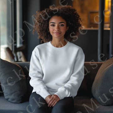 women’s white crewneck sweatshirt mockup, indoor lifestyle scene, gildan 18000, front view, digital download for Etsy and Sho