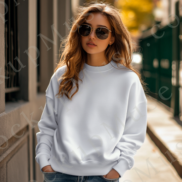 women’s white crewneck sweatshirt mockup, city street lifestyle scene, gildan 18000, front view, digital download for Etsy an