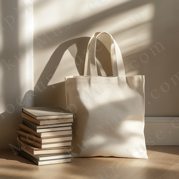 Tote Bag Mockup Liberty OAD113 – Neutral Wall with Shadows and Books