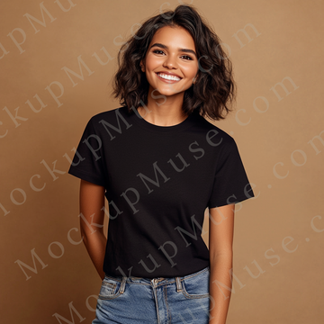 Square 1:1 women’s Gildan 5000 black onyx crewneck t-shirt mockup, neutral tan background, brunette with short curls, relaxed smile, clean apparel presentation for design previews, front view.