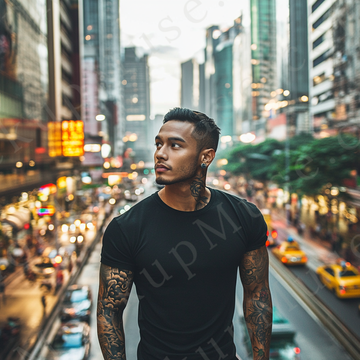 Men’s black Gildan 5000 crewneck t-shirt mockup — urban lifestyle, night city lights, front view