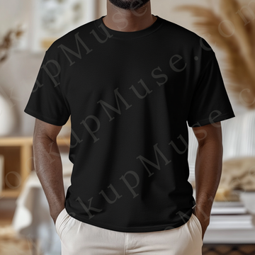 Men’s black Gildan 5000 crewneck t-shirt mockup — indoor lifestyle, modern home vibe, front view
