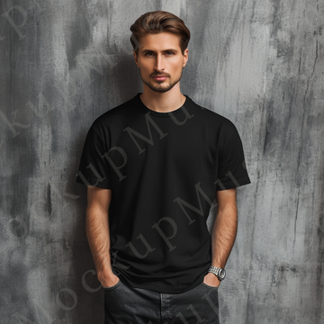 Men’s black Gildan 5000 crewneck t-shirt mockup — studio clean backdrop, casual pose, front view