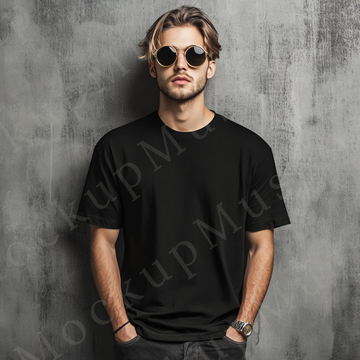 Men’s black Gildan 5000 crewneck t-shirt mockup — lifestyle street style, sunglasses, front view