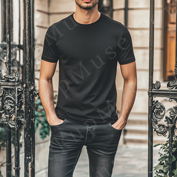 Men’s black Gildan 5000 crewneck t-shirt mockup — city lifestyle, modern glass and railing, front view