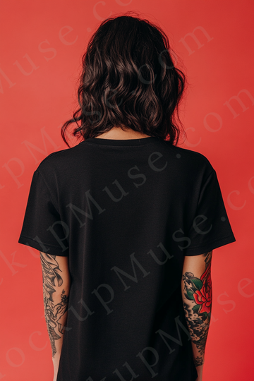 Vertical 2:3 women’s black onyx Gildan 5000 t‑shirt mockup, back view on red studio with tattooed arms visible; clean apparel template for online stores.