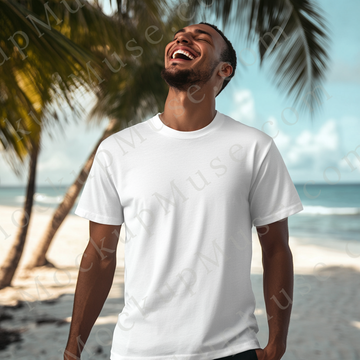 T‑Shirt Mockup – Gildan 5000 Men’s White Crewneck, Short Sleeve — Beach Scene