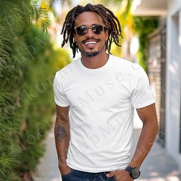 T‑Shirt Mockup – Gildan 5000 Men’s White Crewneck, Short Sleeve — Tattoos, Sunglasses