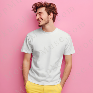 T‑Shirt Mockup – Gildan 5000 Men’s White Crewneck, Short Sleeve — Vibrant Pink Background