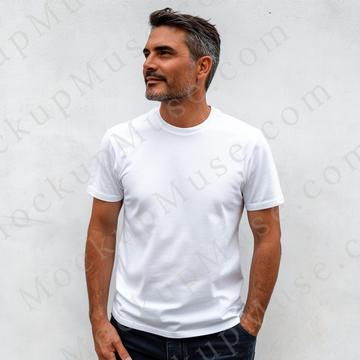 T‑Shirt Mockup – Gildan 5000 Men’s White Crewneck, Short Sleeve — Peppered Gray Hair
