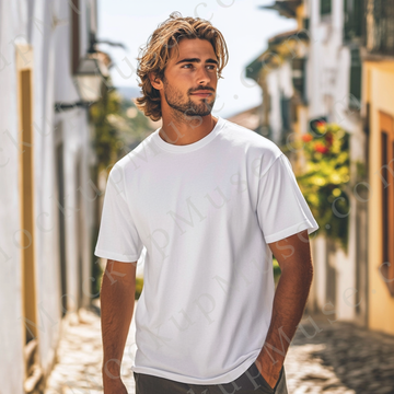 T‑Shirt Mockup – Gildan 5000 Men’s White Crewneck, Short Sleeve — European Lifestyle