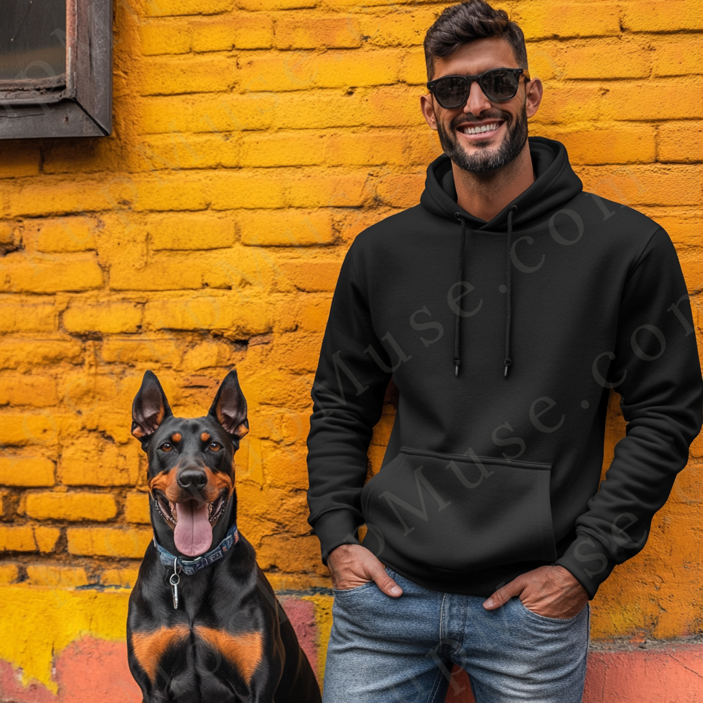 Men's Black Hoodie Mockup with Dog – Digital Mockup