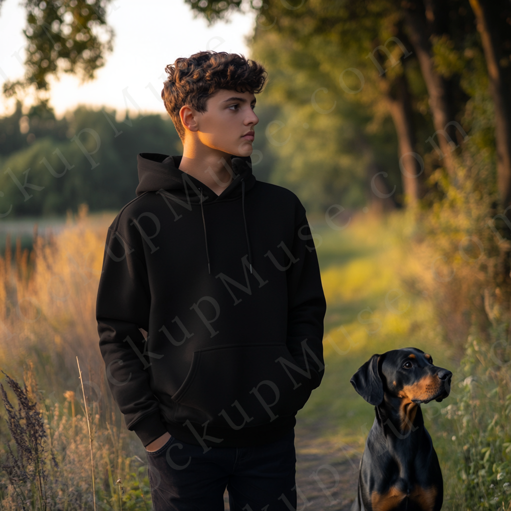Men's Black Hoodie Mockup with Dog – Studio Scene