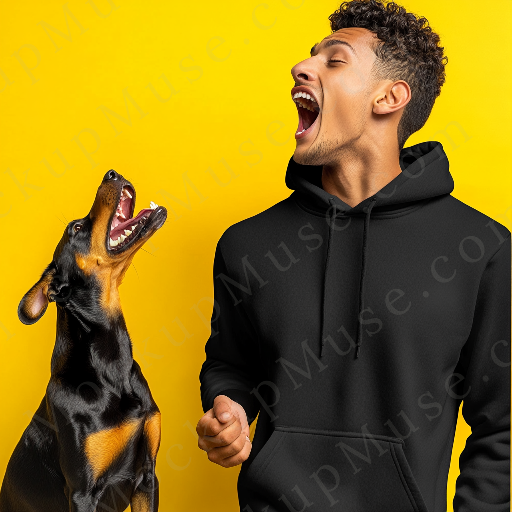 Men's Black Hoodie Mockup with Dog – Lifestyle Shot