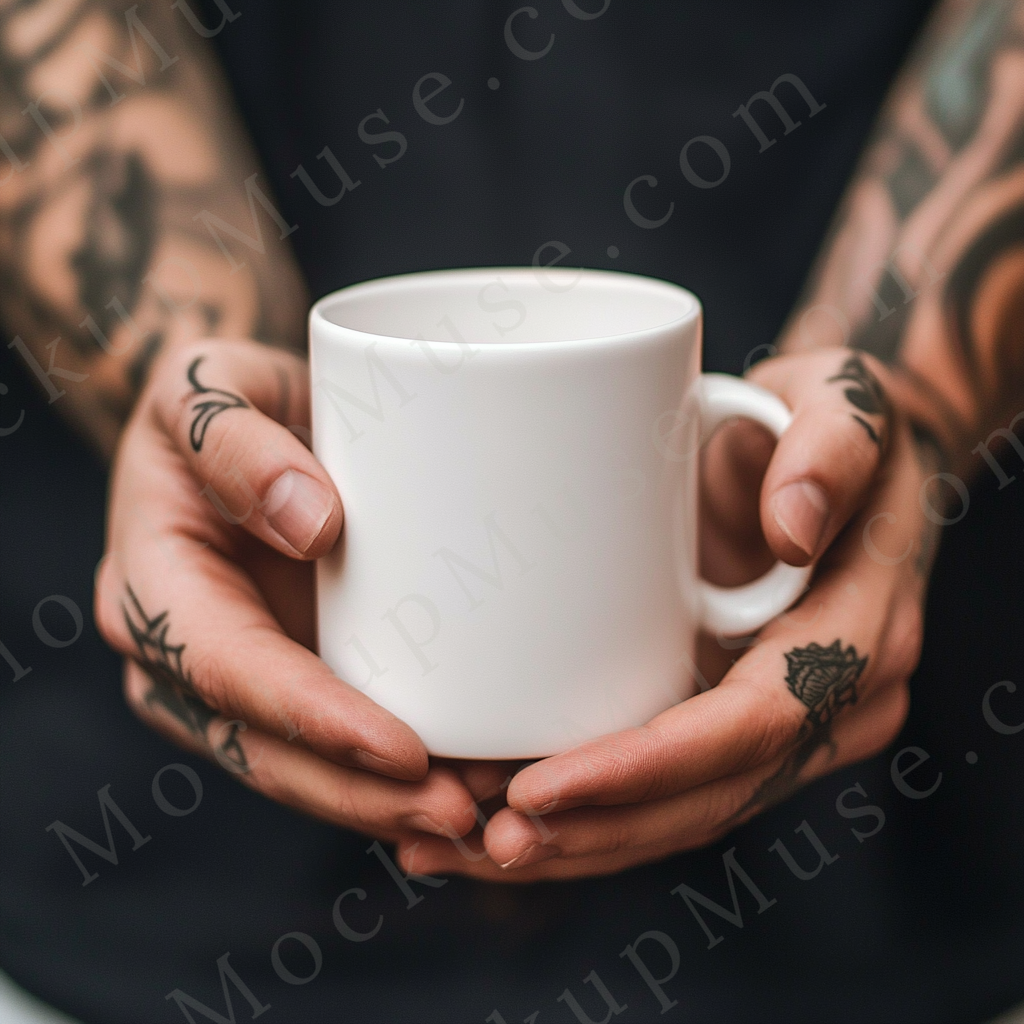 Coffee mug mockup – white ceramic mug front view 1 in tattooed hands on neutral background