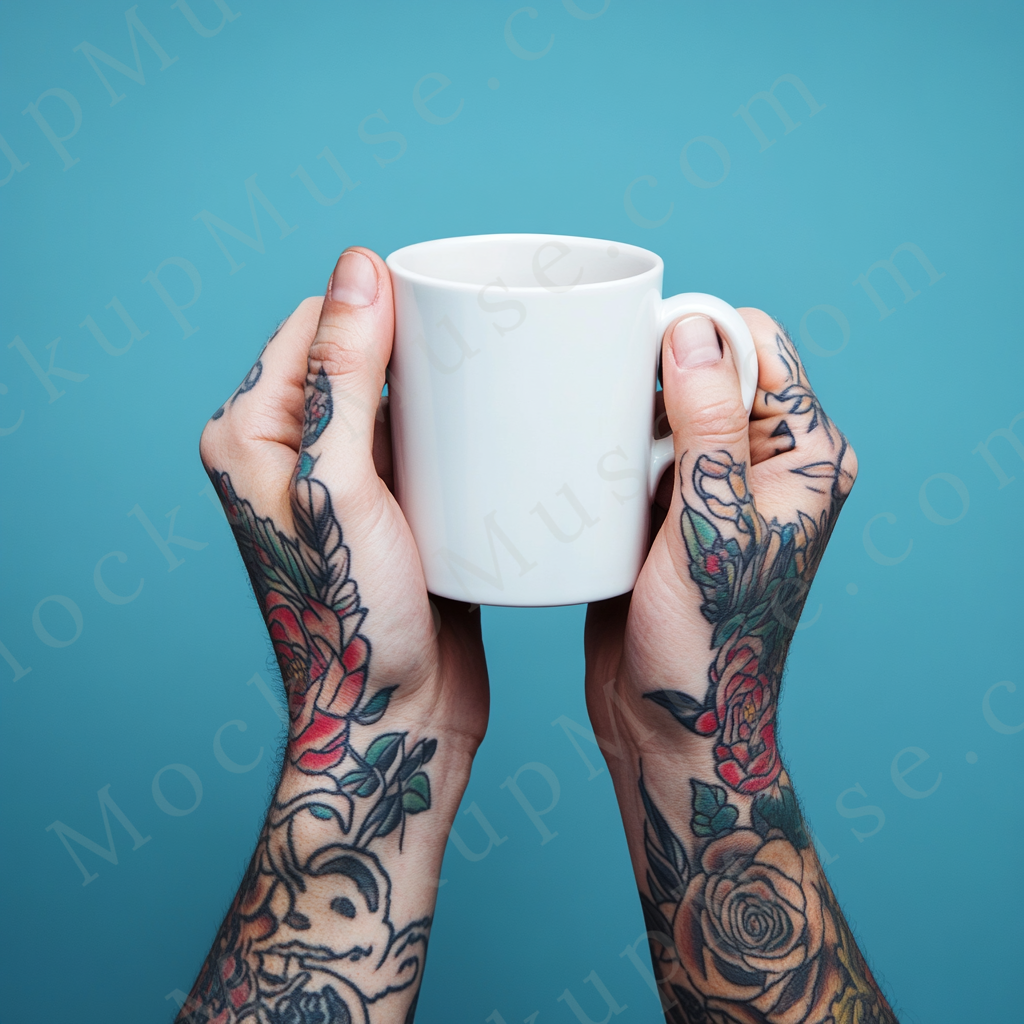 Coffee mug mockup – white ceramic mug front view 2 in tattooed hands on neutral background