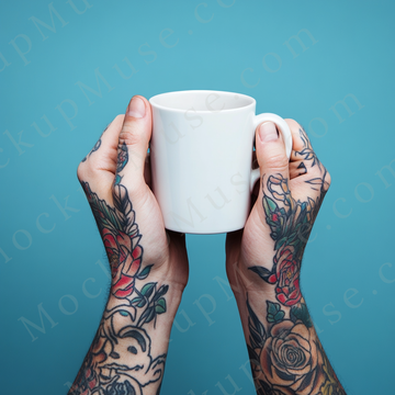 Coffee mug mockup – white ceramic mug front view 2 in tattooed hands on neutral background