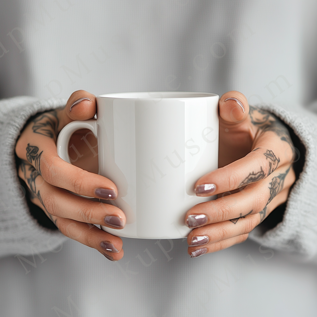 Coffee mug mockup – white ceramic mug front view 3 in tattooed hands on neutral background