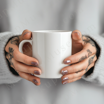 Coffee mug mockup – white ceramic mug front view 3 in tattooed hands on neutral background