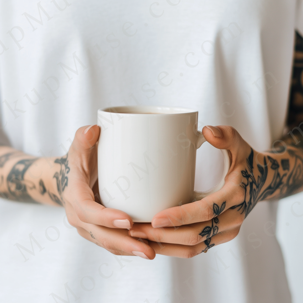Coffee mug mockup – white ceramic mug front view 4 in tattooed hands on neutral background