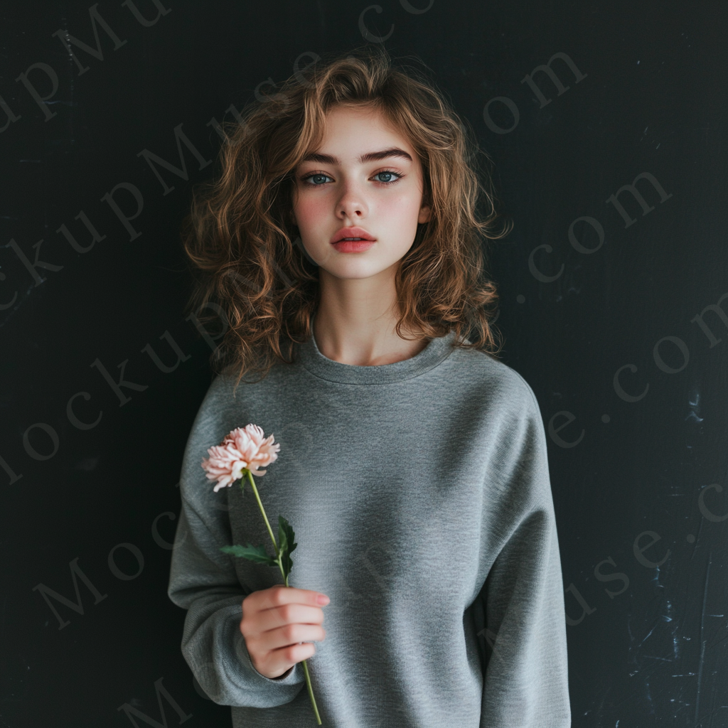 Girls grey sweatshirt mockup, editorial studio scene, Gildan 18000, front view, digital download for Etsy, Shopify, POD sellers
