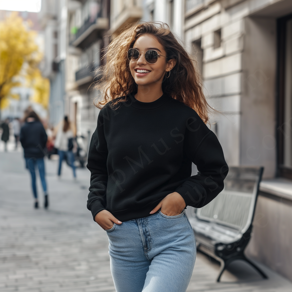 Women’s black crewneck sweatshirt mockup – digital download