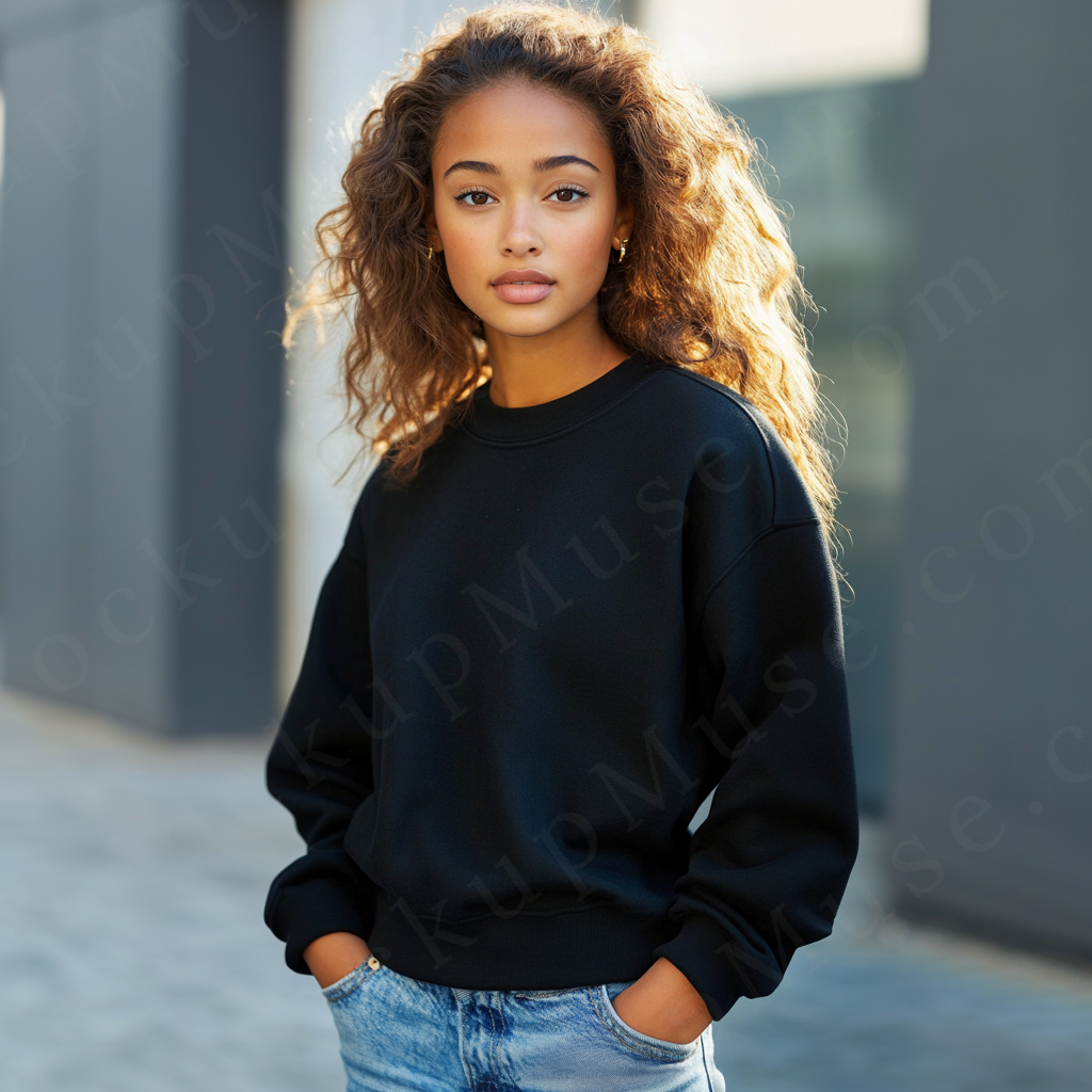 Women’s black crewneck sweatshirt mockup – digital download