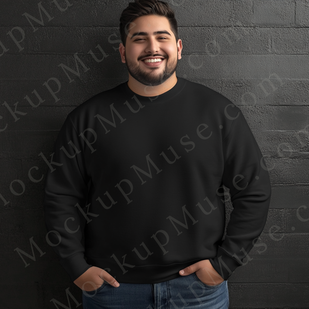 Men’s big & tall black crewneck sweatshirt mockup, Gildan 18000 fit, plus size model studio neutral wall front view