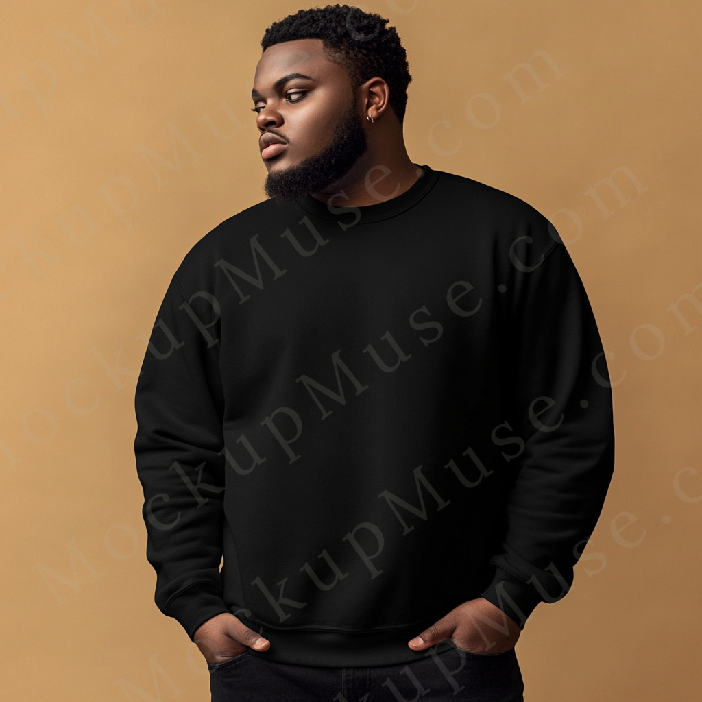 Men’s plus size black sweatshirt mockup, Gildan 18000 fit, big and tall editorial studio tan wall front view