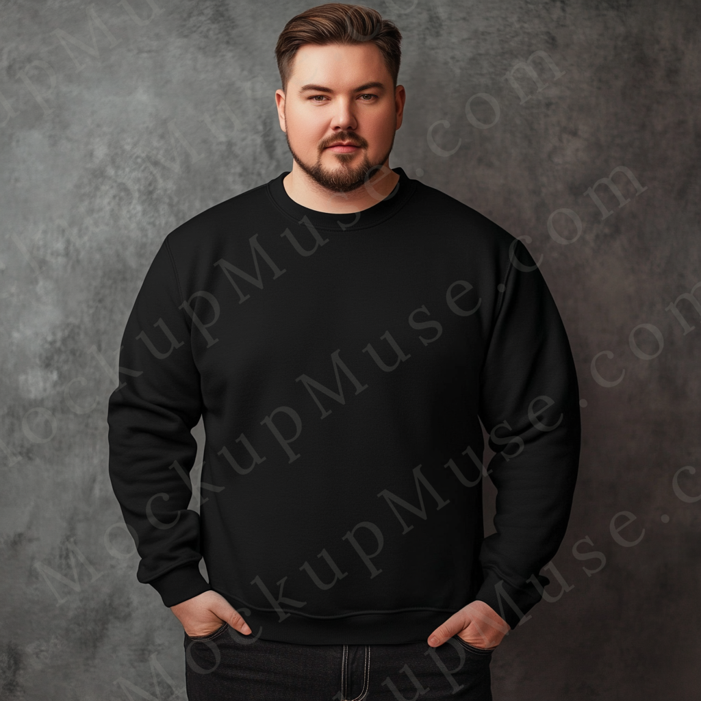 Men’s big and tall black crewneck sweatshirt mockup, Gildan 18000 fit, grey editorial studio wall, plus size model front view