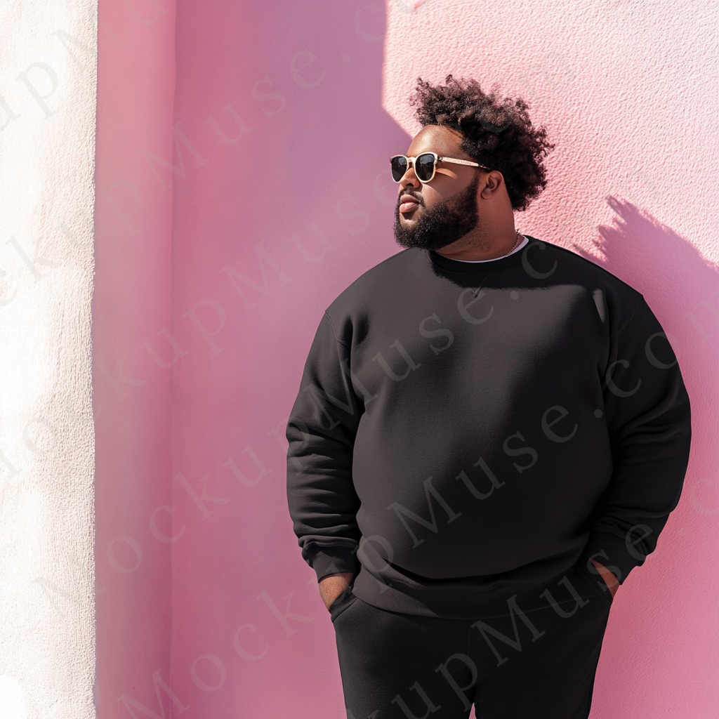 Men’s plus size black sweatshirt mockup, Gildan 18000 fit, big and tall model, lifestyle urban pink wall front view