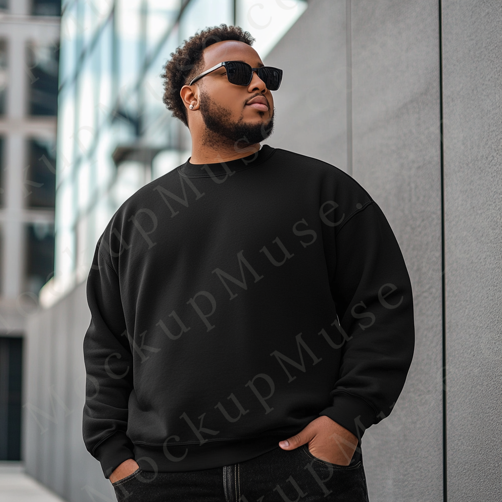 Men’s big & tall black sweatshirt mockup, Gildan 18000 fit, outdoor lifestyle with sunglasses, plus size model front view