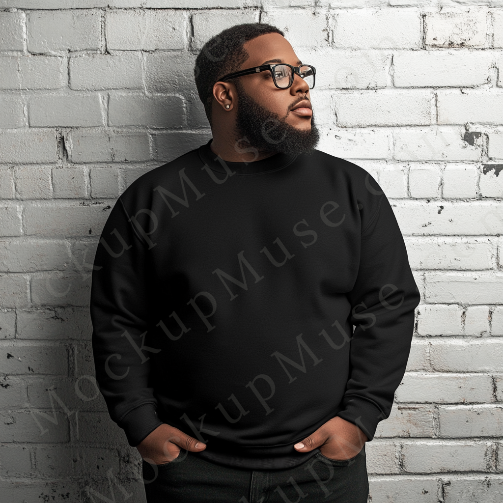 Men’s plus size black crewneck sweatshirt mockup, Gildan 18000 fit, big and tall streetwear lifestyle white brick wall front view