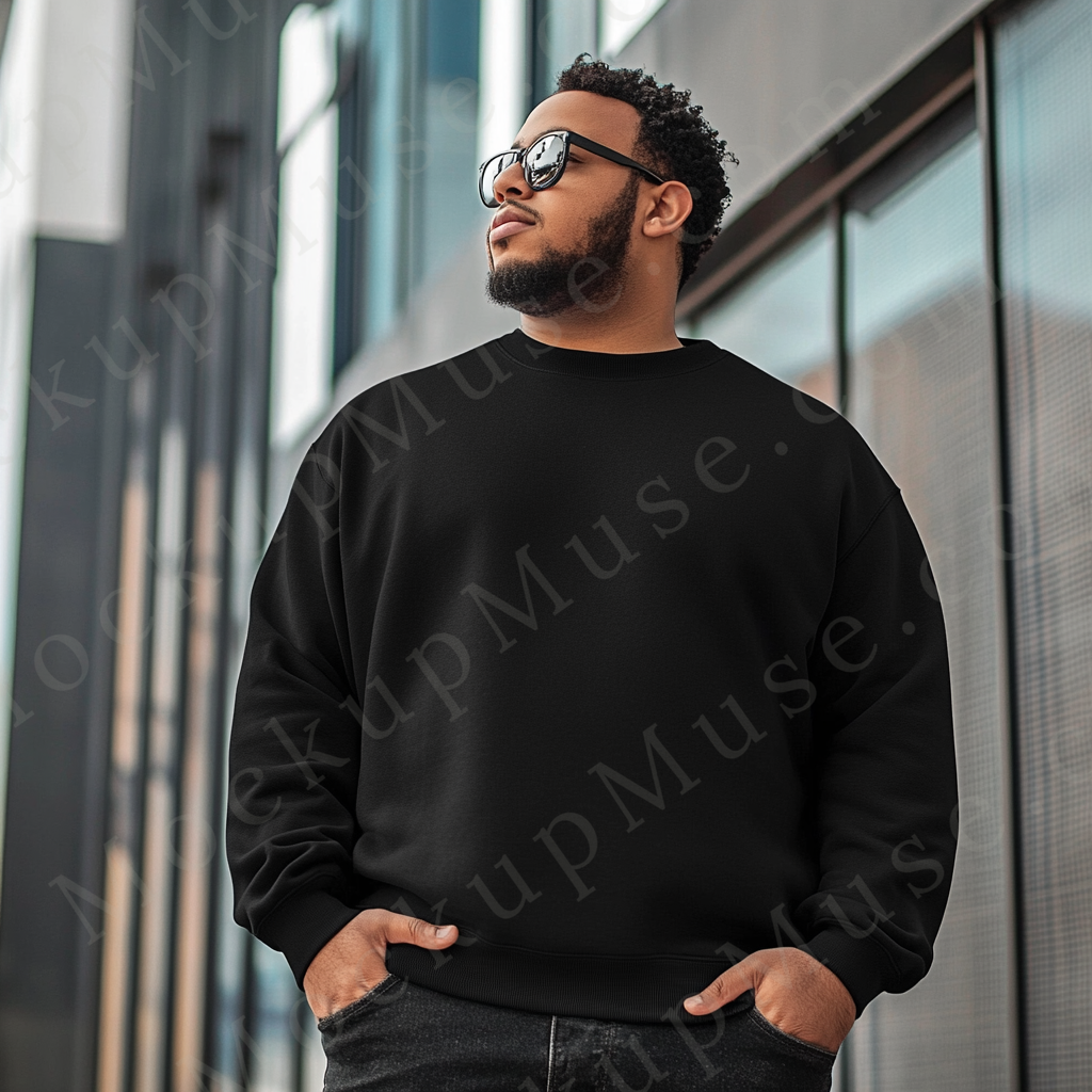 Men’s big and tall black crewneck sweatshirt mockup, Gildan 18000 fit, plus size model lifestyle glass building city front view