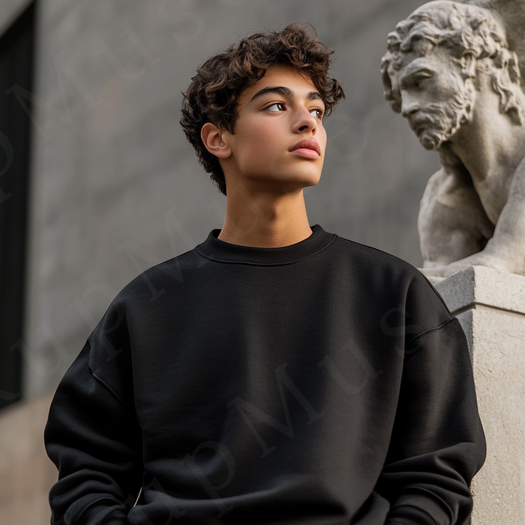 Men’s black crewneck sweatshirt mockup front view - Gildan 18000 style - number 102