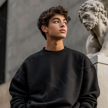 Men’s black crewneck sweatshirt mockup front view - Gildan 18000 style - number 102