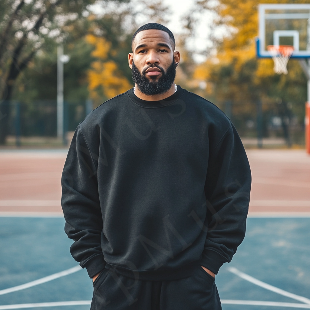 Men’s black crewneck sweatshirt mockup front view - Gildan 18000 style - number 103